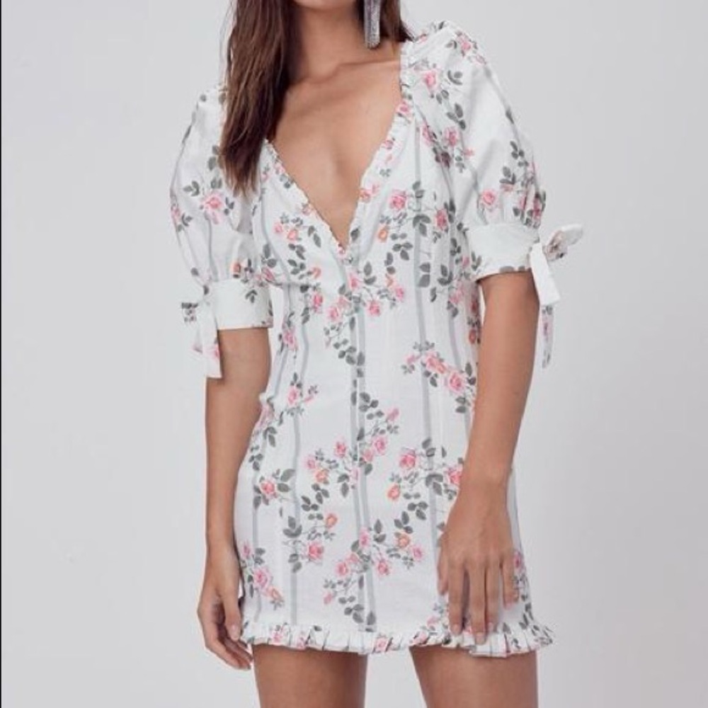For Love & Lemons White Mini Dress with Pink Floral Print